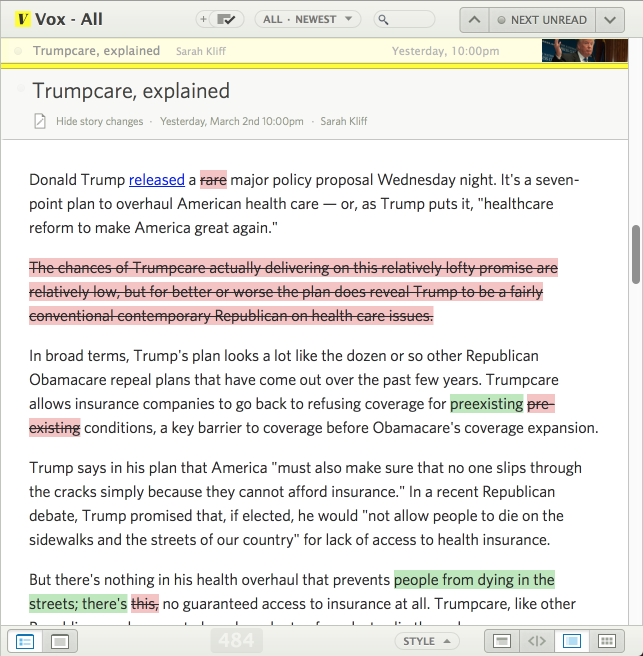 Story diff showing tracked changes highlighted in green and red