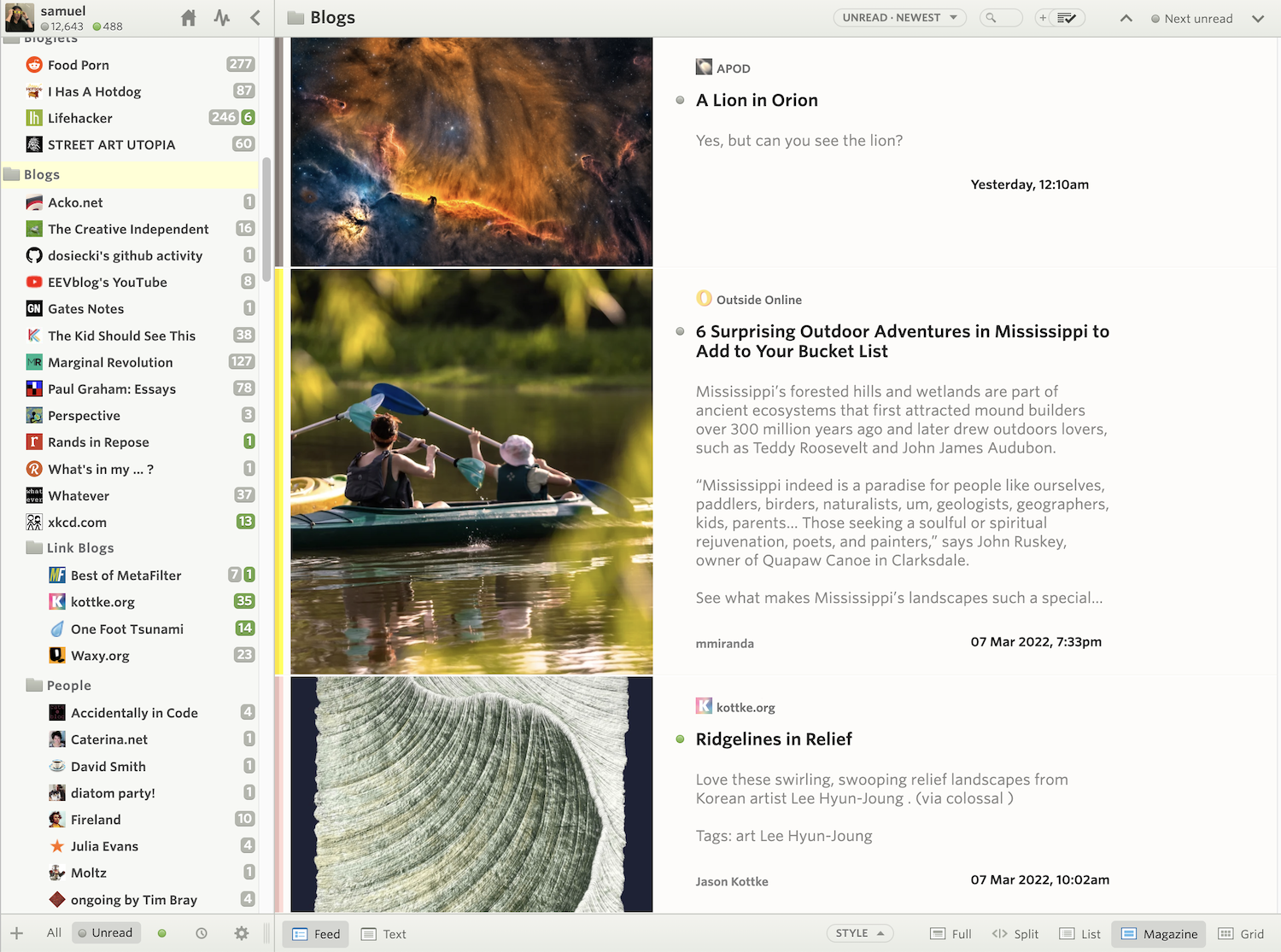 Magazine view layout showing story cards with thumbnails